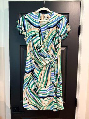 Anne Klein Faux Wrap Dress Sz PL. Like New. Green, Tan, Black, Blue & White